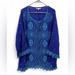 John Mark Boho Embroidered Eyelet Tunic Blouse XL Lightweight Flowy Artisan